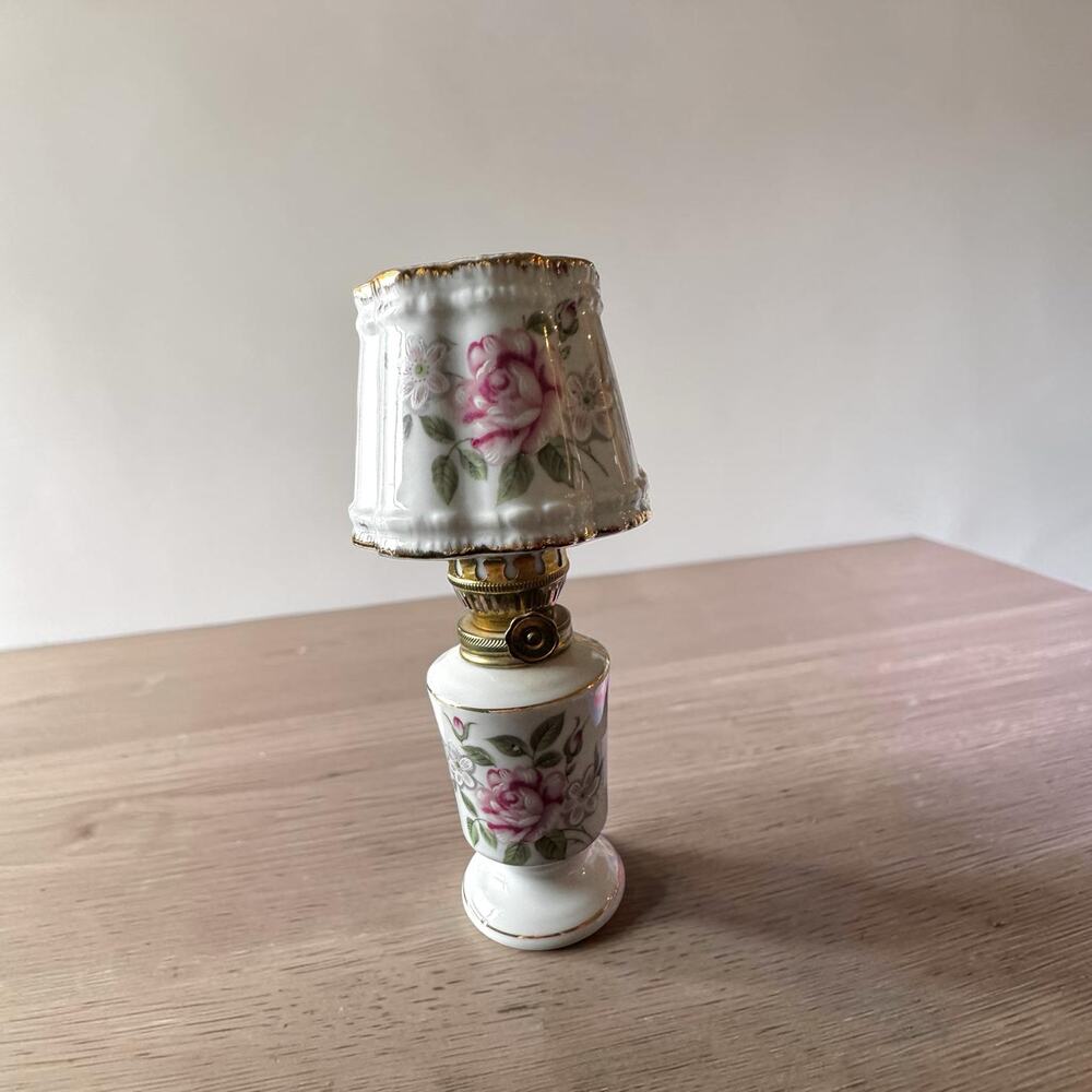 Vintage Miniature Oil Lamp Made in Japan Hand Painted Pink Roses Porcelain Shade